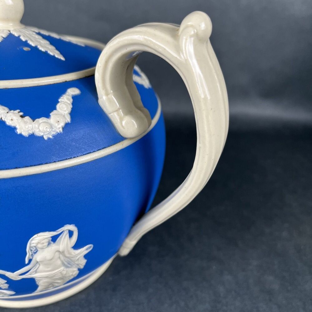 Rare Antique Copeland Spode Blue Jasperware Teapot "Dancing Hours" Neoclassical - Picture 5 of 16